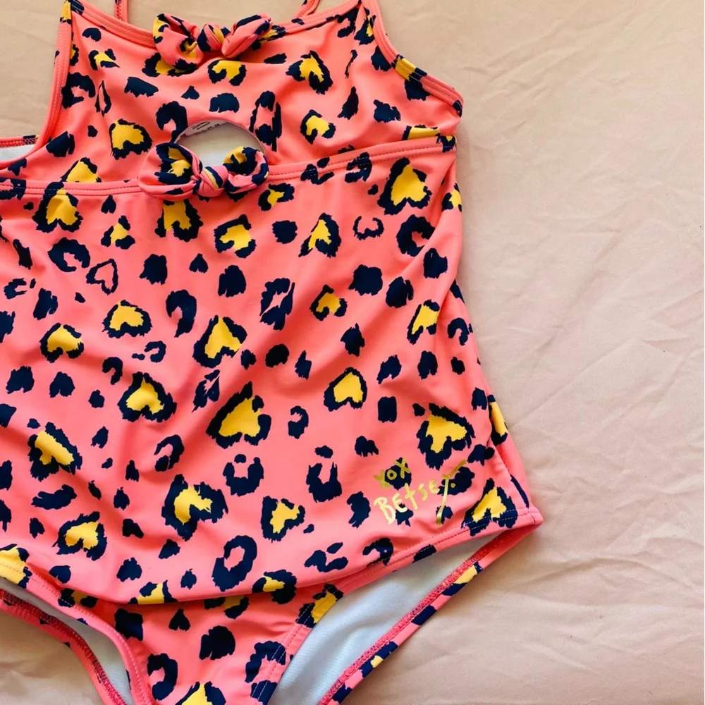 💛 Betsey Johnson Cheetah Girls Onepiece Swimsuit Pink Hearts Bow Bikini Cutout